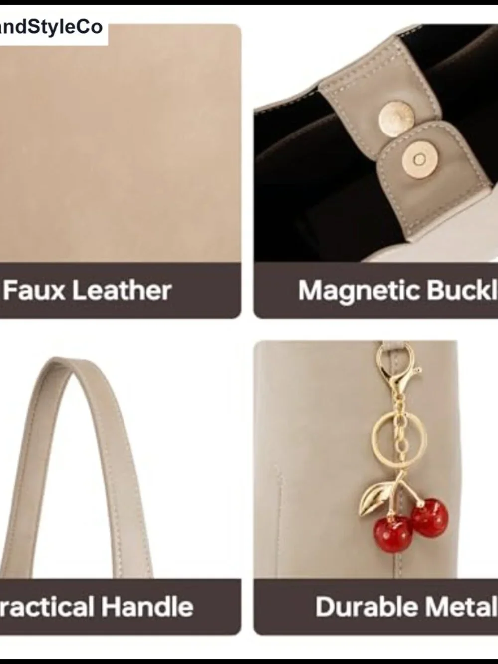 Large Slouchy Hobo Shoulder Bag Vegan Leather Tote with Cherry Charm
